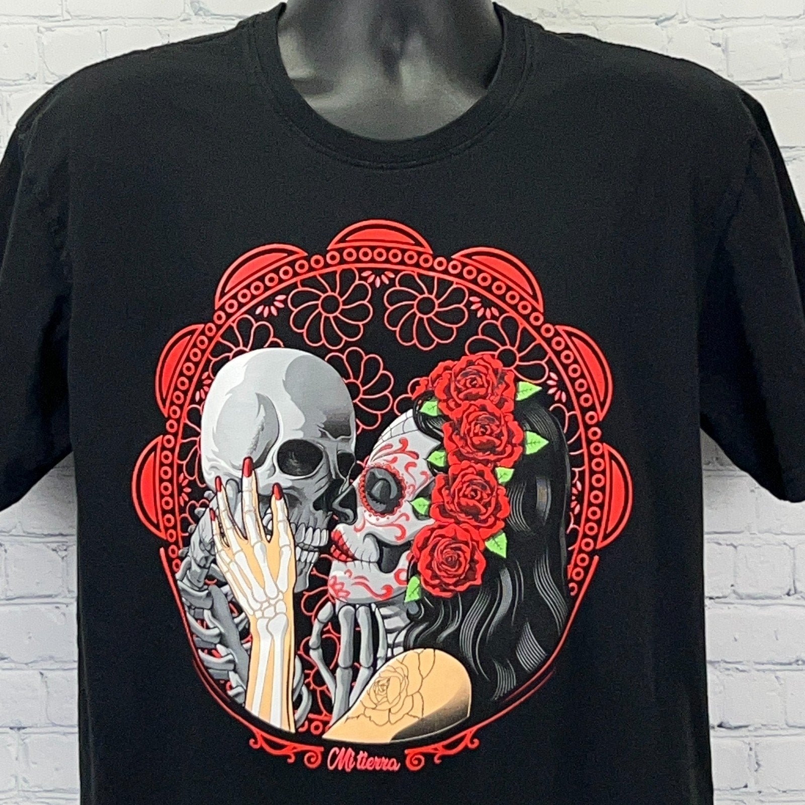 Black Mi Tierra MX t-shirt featuring Day of the Dead skeleton couple artwork with floral details
