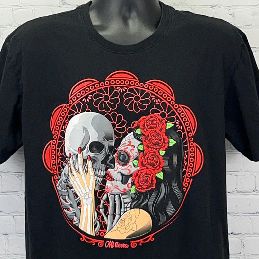 Black Mi Tierra MX t-shirt featuring Day of the Dead skeleton couple artwork with floral details
