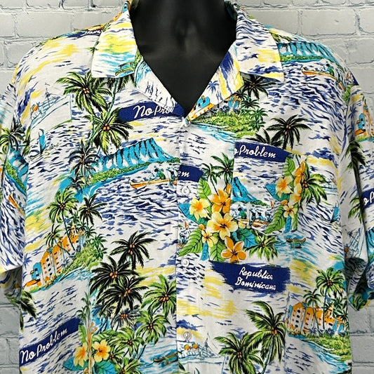 Front view of Hawaiian Dominican Republic Shirt in multicolor with floral and landscape patterns