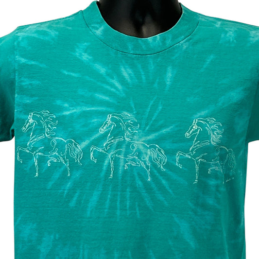 Vintage turquoise T-shirt with a front view showing three outlined horses, ideal for dressage enthusiasts