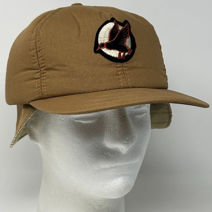 Vintage Duck Hunting Hat in tan with embroidered duck logo, featuring a front view for detailed inspection