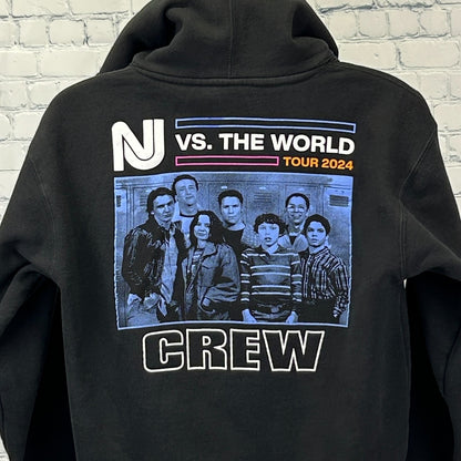 Black EMO Hoodie featuring colorful NJ vs. The World Tour 2024 graphic and crew members on the back