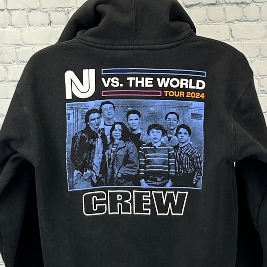 Black EMO Hoodie featuring colorful NJ vs. The World Tour 2024 graphic and crew members on the back