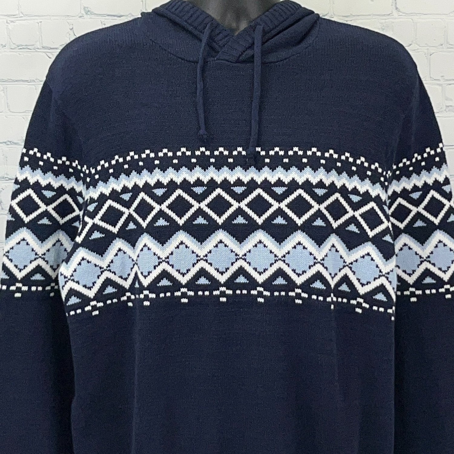 Navy Urban Pipeline Fair Isle Hoodie with geometric patterns and a front kangaroo pocket