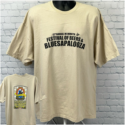 Front and back views of a beige Gildan Bluesapalooza T Shirt featuring a festival logo and vibrant graphics