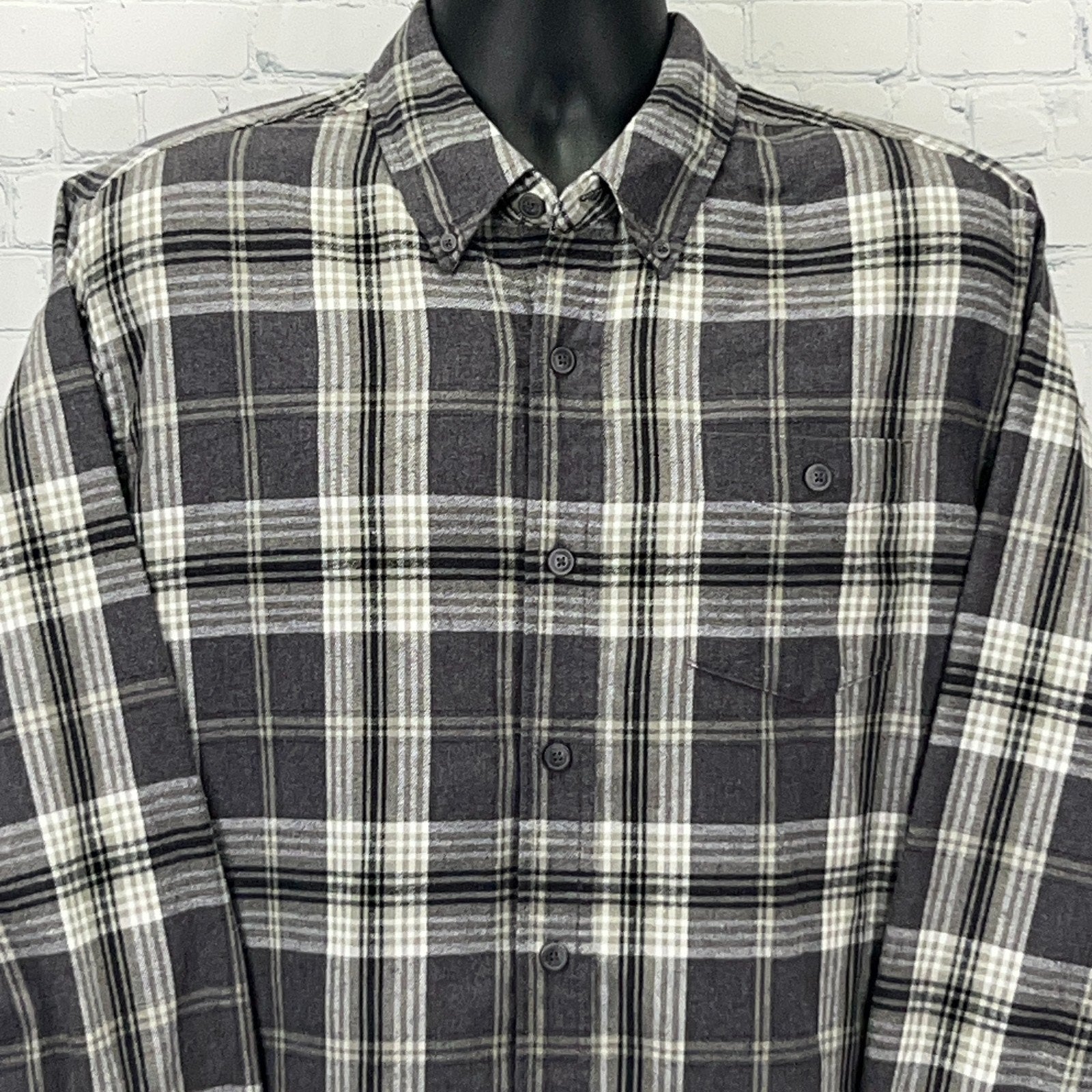 Weatherproof Flannel Shirt in Black and White Plaid featuring a button-down front and relaxed fit