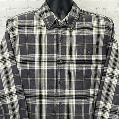 Weatherproof Flannel Shirt in Black and White Plaid featuring a button-down front and relaxed fit