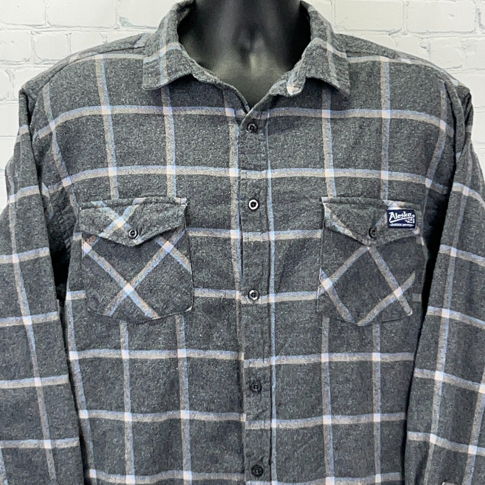 Men's gray flannel shirt with plaid pattern, featuring front pockets and ACE USA logo detail