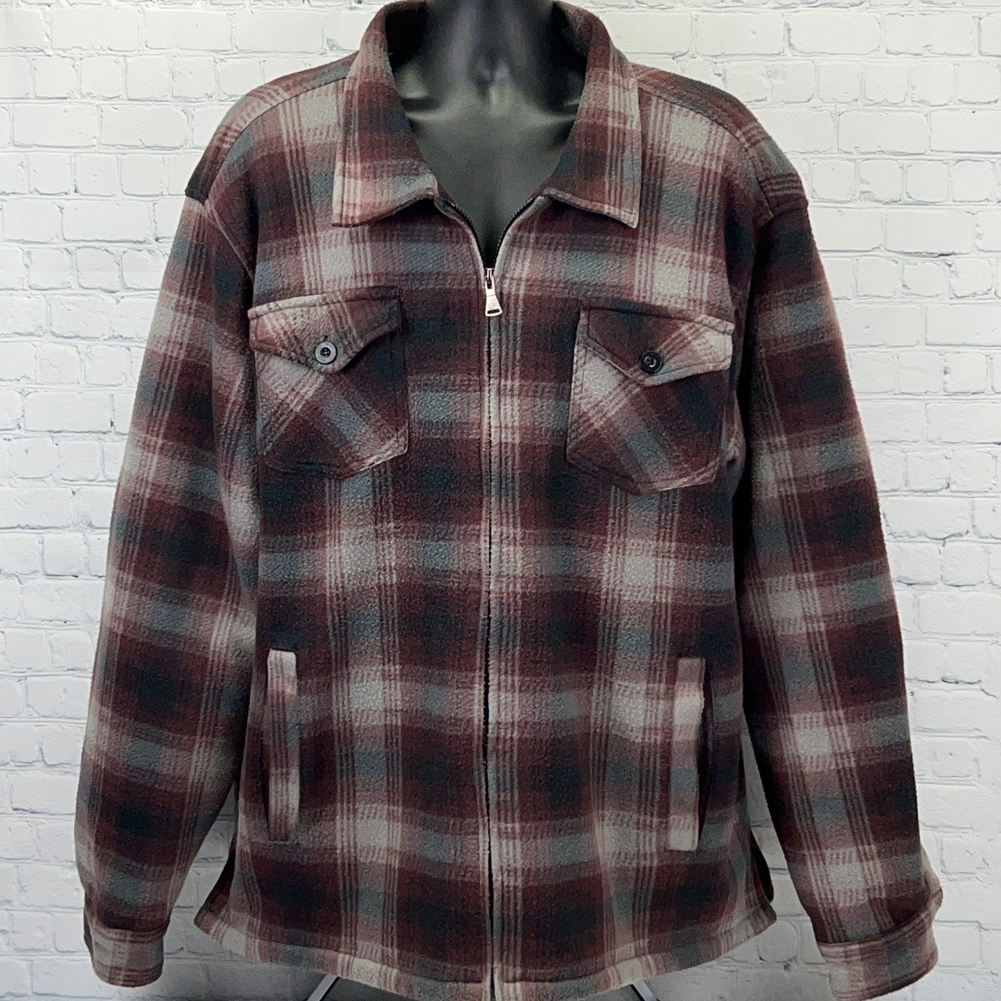 Walnut Creek Flannel Jacket in Burgundy and Gray with Front Zip and Two Chest Pockets
