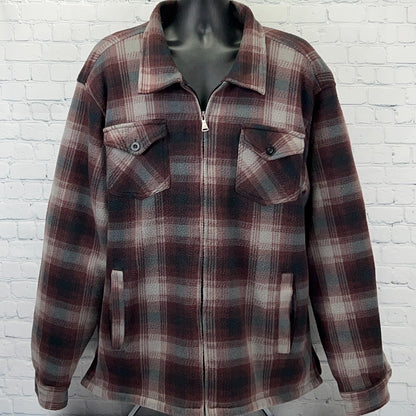 Walnut Creek Flannel Jacket in Burgundy and Gray with Front Zip and Two Chest Pockets