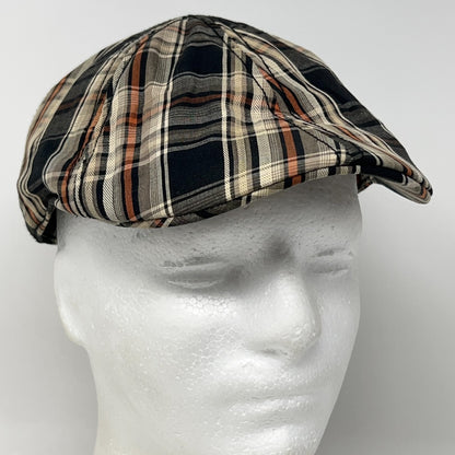 Vintage Crown Co Flat Cap in plaid design, featuring neutral tones, shown from the side on a display head