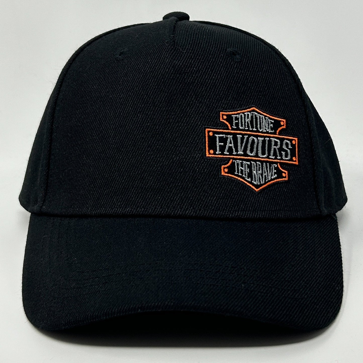 Headrush Hat in black with 'Fortune Favours the Brave' embroidered logo on the front