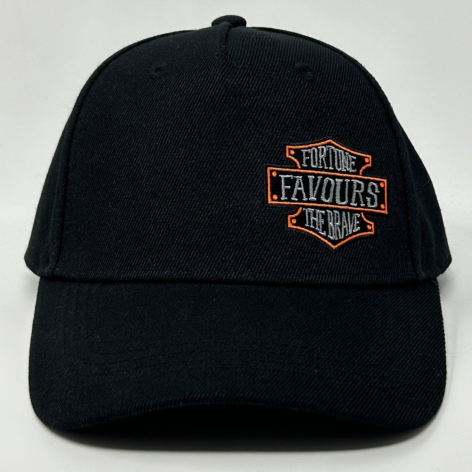 Headrush Hat in black with 'Fortune Favours the Brave' embroidered logo on the front