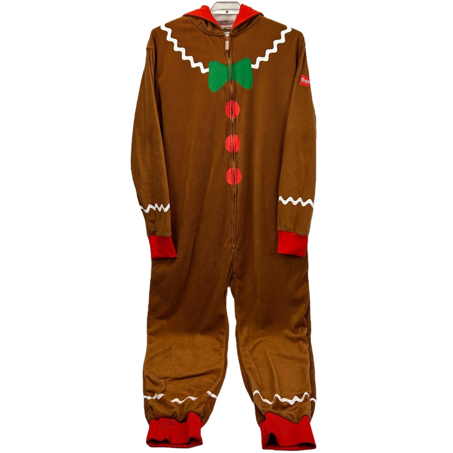 Tipsy Elves Gingerbread Man Pajamas in Brown with Red Accents, featuring a front zipper and fun design