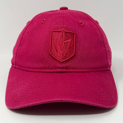 Front view of a pink New Era cap with a Golden Knights logo embroidered in red