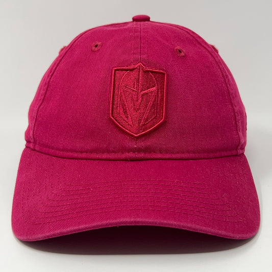 Front view of a pink New Era cap with a Golden Knights logo embroidered in red