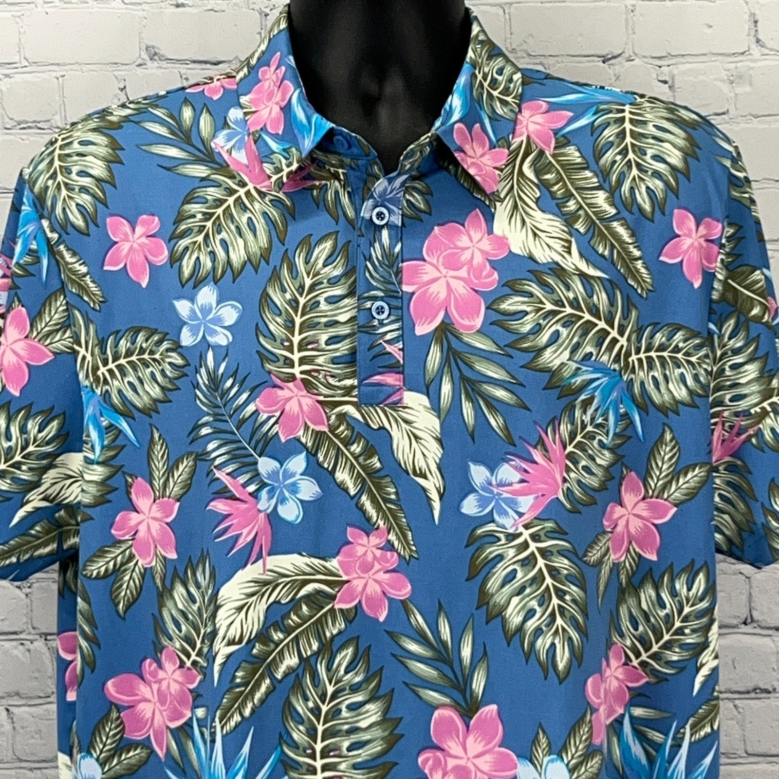 Men's Birdie Bound Golf Polo Shirt in Blue Floral Pattern with Short Sleeves and Collar View