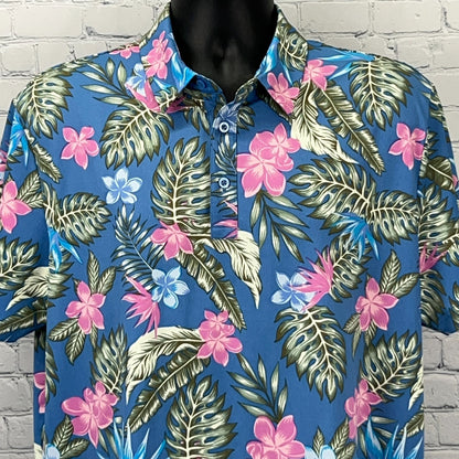 Men's Birdie Bound Golf Polo Shirt in Blue Floral Pattern with Short Sleeves and Collar View