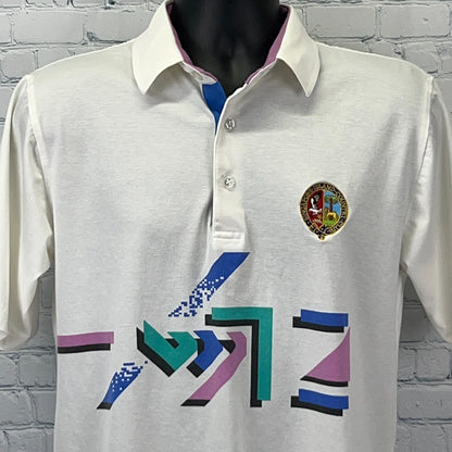 Vintage Golf Polo in white with colorful geometric design and logo on the chest