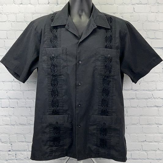Black Jordin Roots Guayabera Shirt in size large with front button closure and detailed embroidery