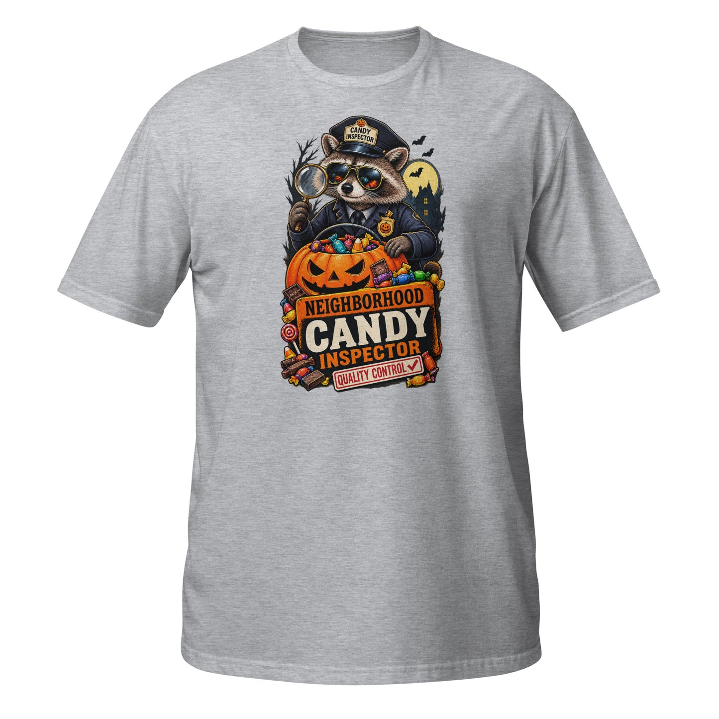 Gray Halloween T-shirt featuring a raccoon Candy Inspector graphic with pumpkins, front view