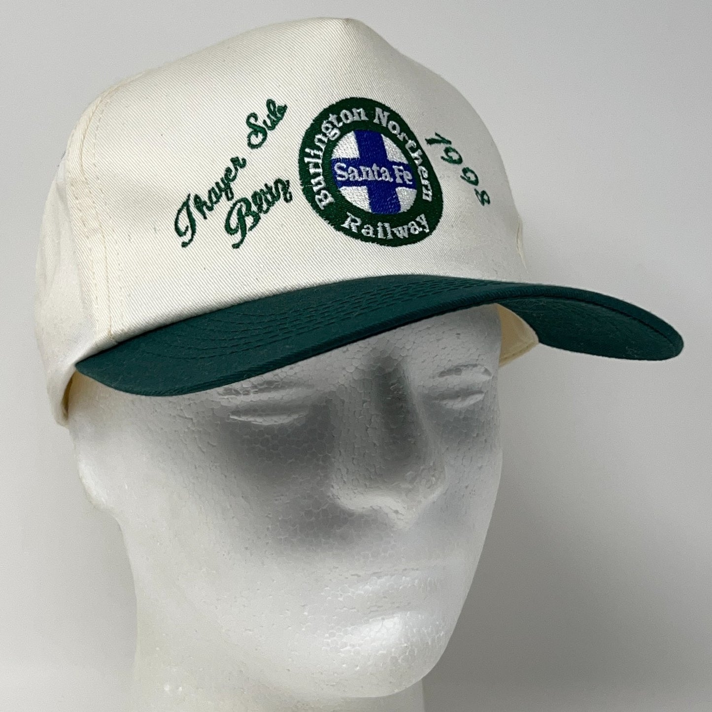 Vintage Burlington Northern Railway Snapback Hat in White and Green, 1990s, Front View