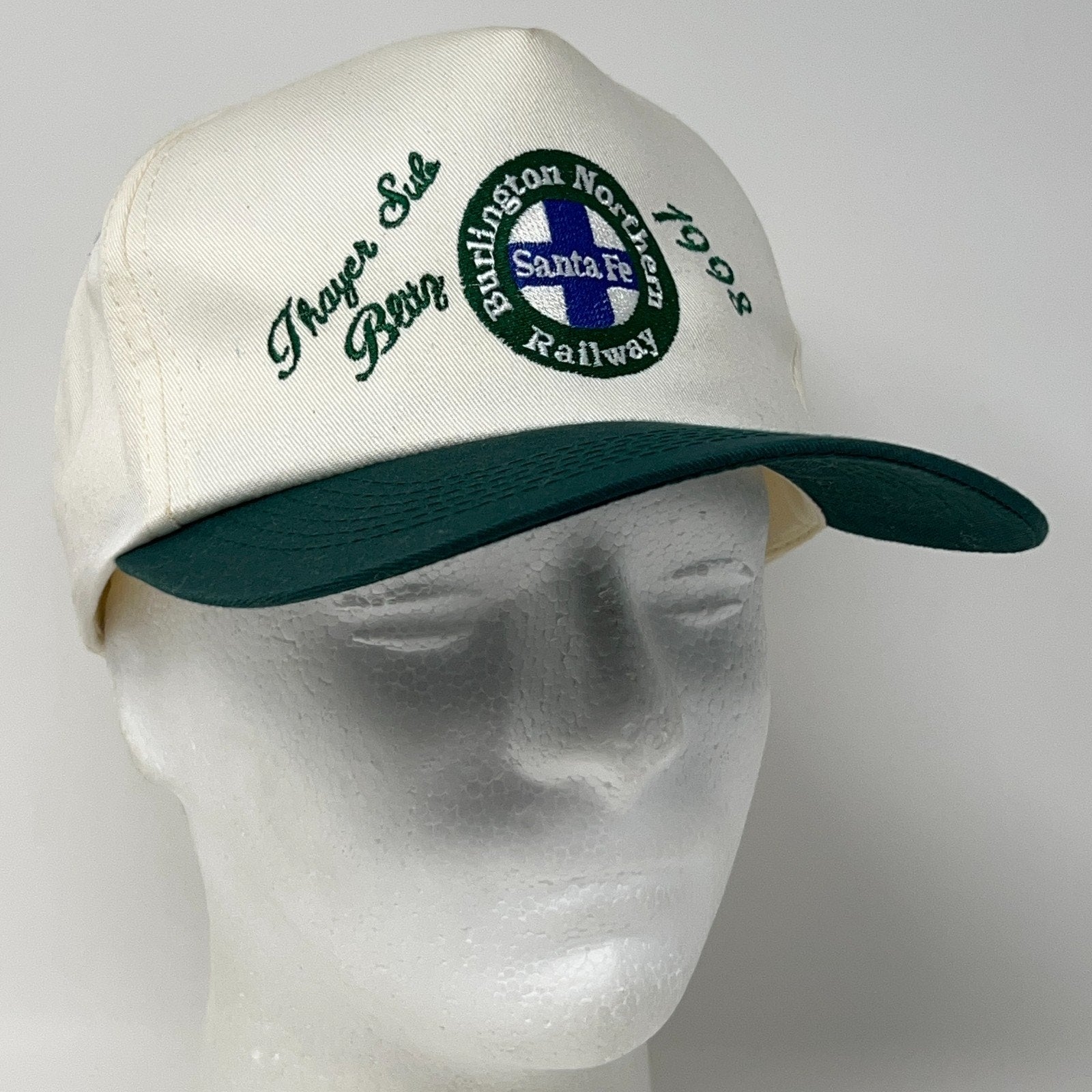 Vintage Burlington Northern Railway Snapback Hat in White and Green, 1990s, Front View