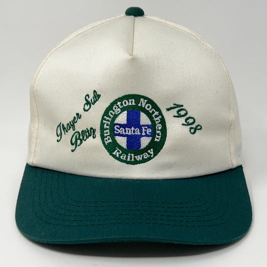 Vintage Burlington Northern Railway Snapback Hat in White and Green, 1998, Front View
