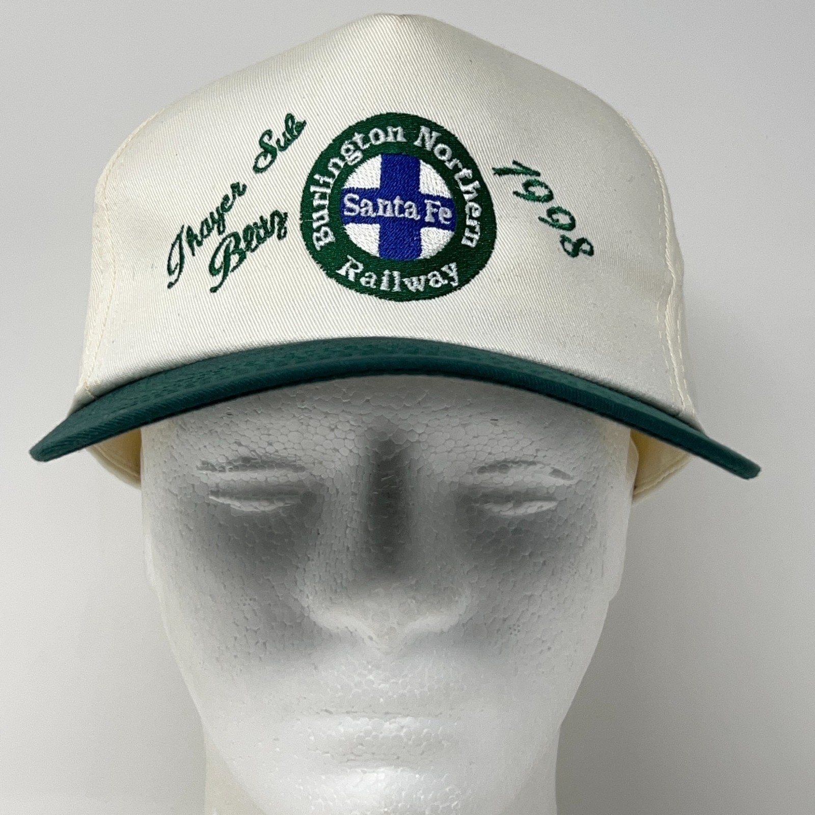 Vintage 1990s Burlington Northern Railway Snapback Hat in Cream with Green Brim