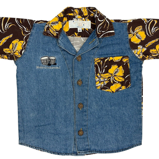 Modern Amusement Hawaiian Shirt in Denim Blue with Floral Print Sleeves and Pocket Detail