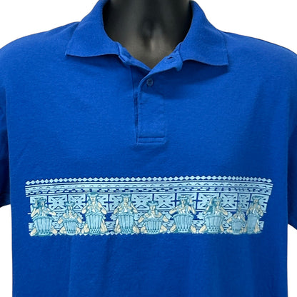 Vintage 90s Hawaiian Pahu Drumming Polo Shirt Hawaii Luau Drum Blue Mens L Large
