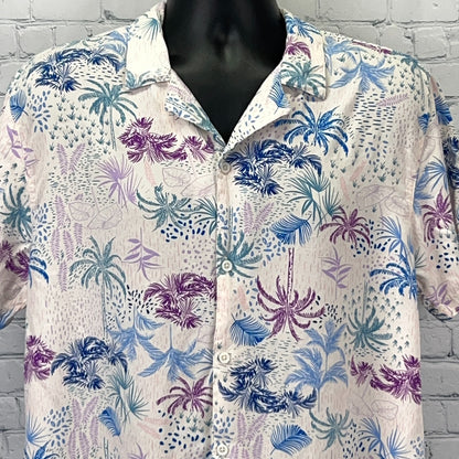 Good Vibes Hawaiian Shirt in Light Pink with Colorful Tropical Print, Front View