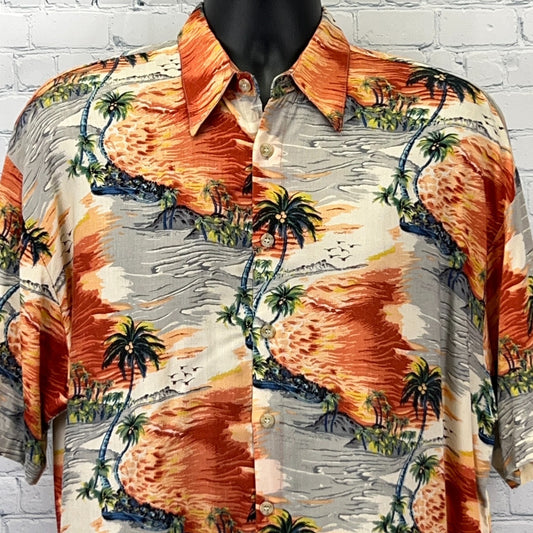 Front view of a Vintage Hawaiian Shirt in orange and gray with tropical landscape and palm tree print