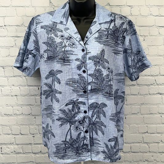 Vintage Hawaiian Shirt in Blue with Palm Tree Pattern, Short Sleeves and Button Closure, Front View