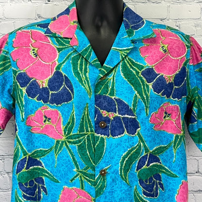 Vintage Hawaiian Shirt in Blue with Pink and Navy Floral Print, Front View Details