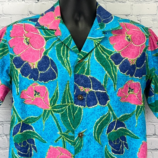 Vintage Hawaiian Shirt in Blue with Pink and Navy Floral Print, Front View Details
