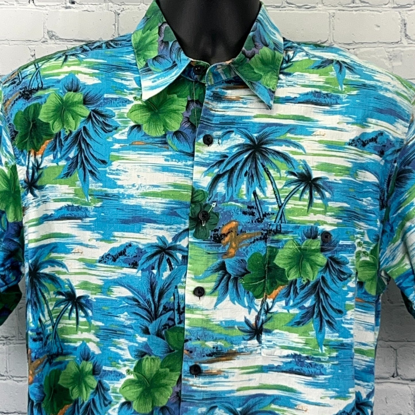 Bruno Hawaiian Shirt in Blue and Green with Tropical Prints, Front View, Size Medium