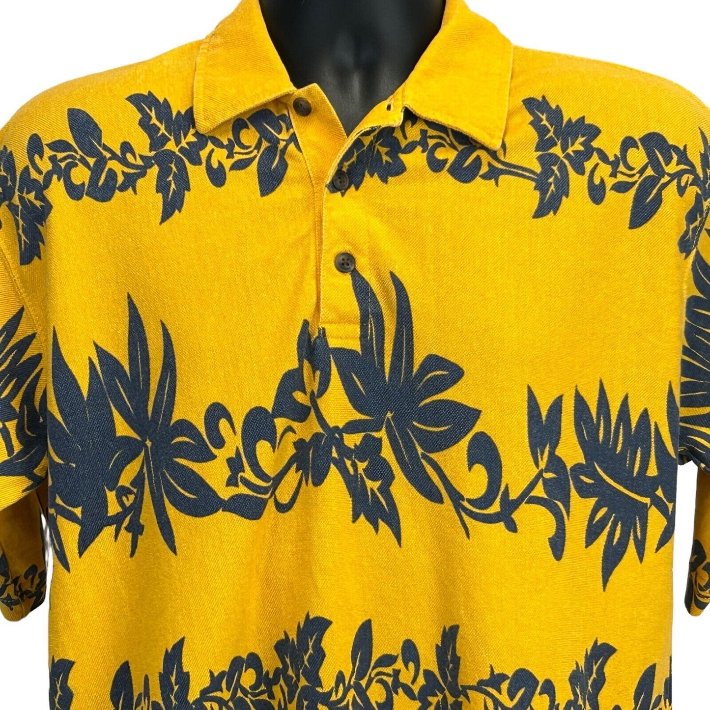 Faded Glory Hawaiian Polo Shirt in Yellow with Floral Pattern, Front View, Size M