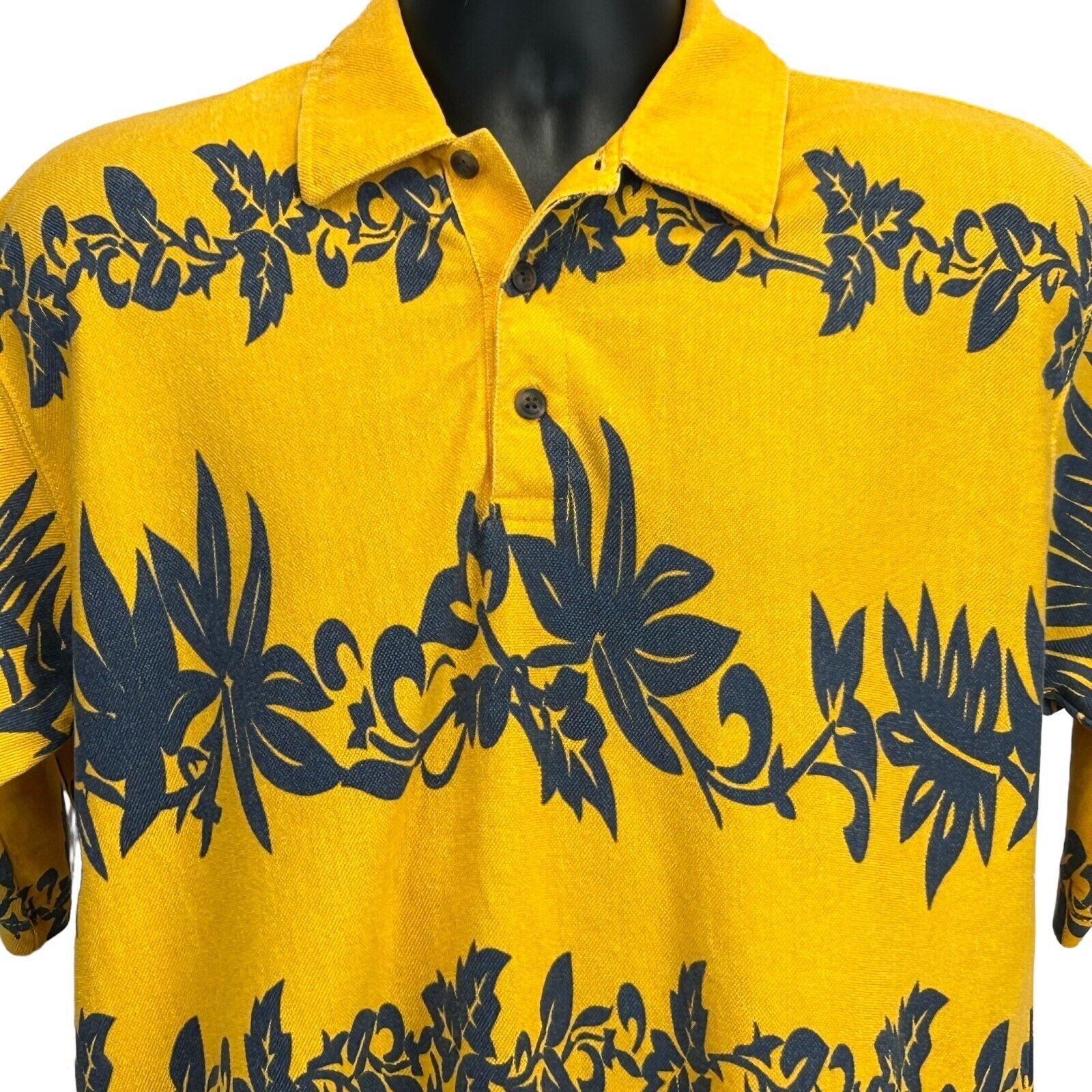 Faded Glory Hawaiian Polo Shirt in Yellow with Floral Pattern, Front View, Size M
