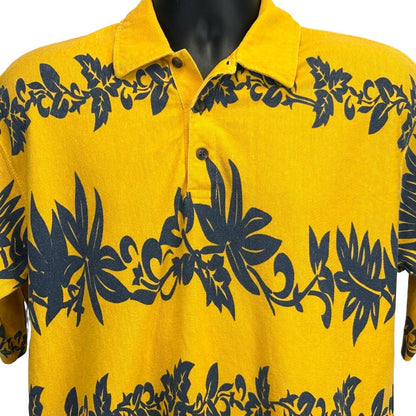 Faded Glory Hawaiian Polo Shirt in Yellow with Floral Pattern, Front View, Size M