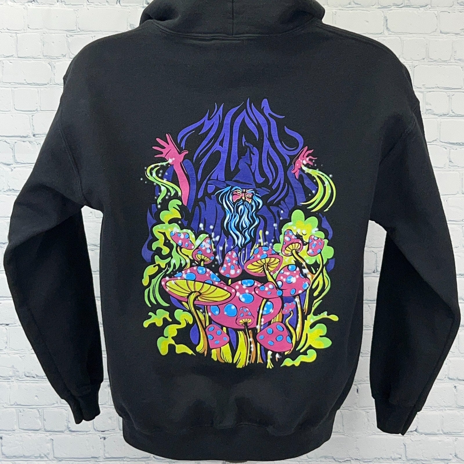 A-Lab black hoodie featuring vibrant psychedelic mushroom art on the back, showcasing a unique graphic design