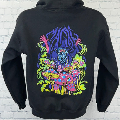 A-Lab black hoodie featuring vibrant psychedelic mushroom art on the back, showcasing a unique graphic design