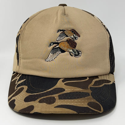 Vintage Hunting Hat in tan and camouflage with embroidered ducks on the front, featuring a structured design
