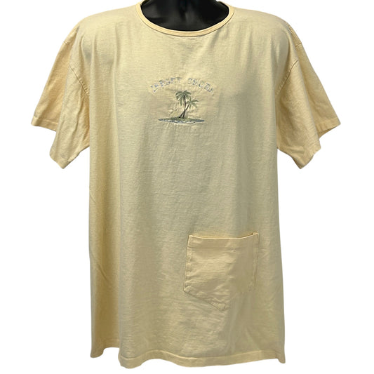 Front view of Vintage Jersey Shore T-Shirt in light yellow with palm tree logo and front pocket