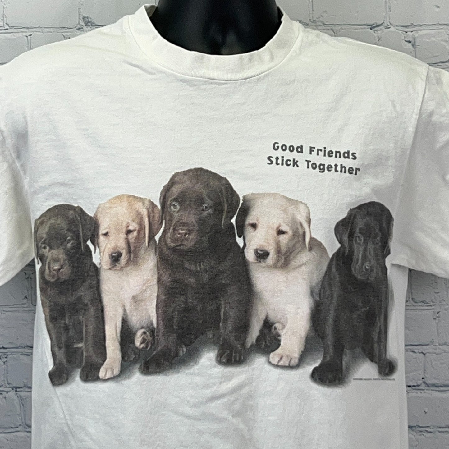 Hanes white T-shirt featuring five Labrador Retriever puppies with the phrase Good Friends Stick Together