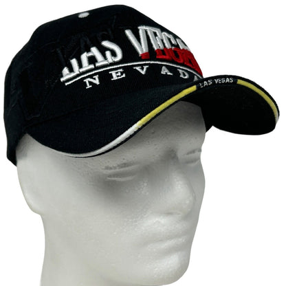 Front view of a black Chelona hat with Las Vegas text and logo, featuring an adjustable strap.
