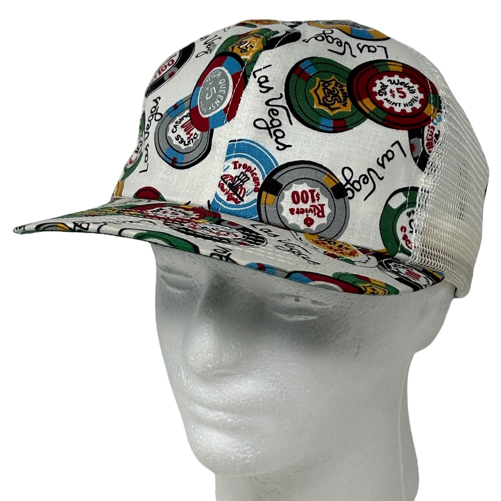 Vintage Las Vegas Snapback Hat featuring colorful casino chips and logo, front view