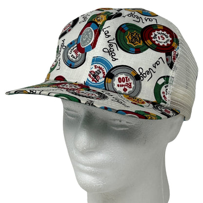 Vintage Las Vegas Snapback Hat featuring colorful casino chips and logo, front view