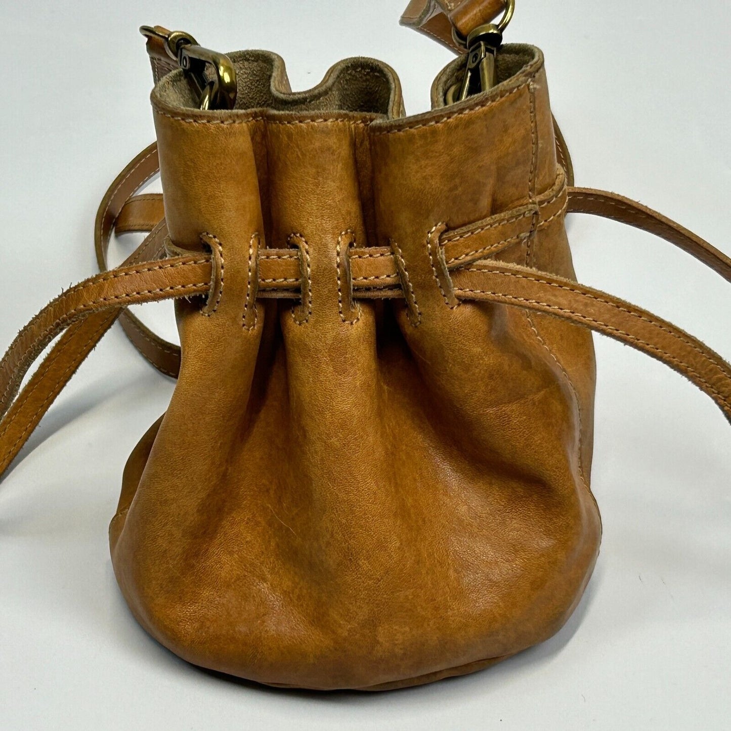 Madewell Leather Crossbody Bag in Brown with Drawstring Closure, Front View