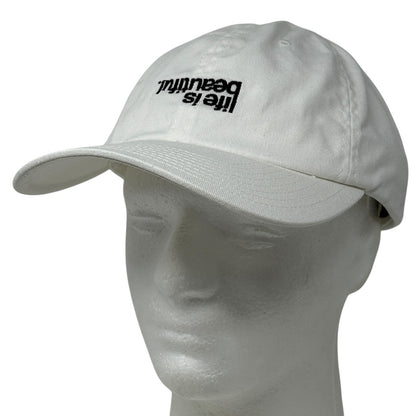Light gray Life is Beautiful cap with front logo and adjustable strap for casual wear
